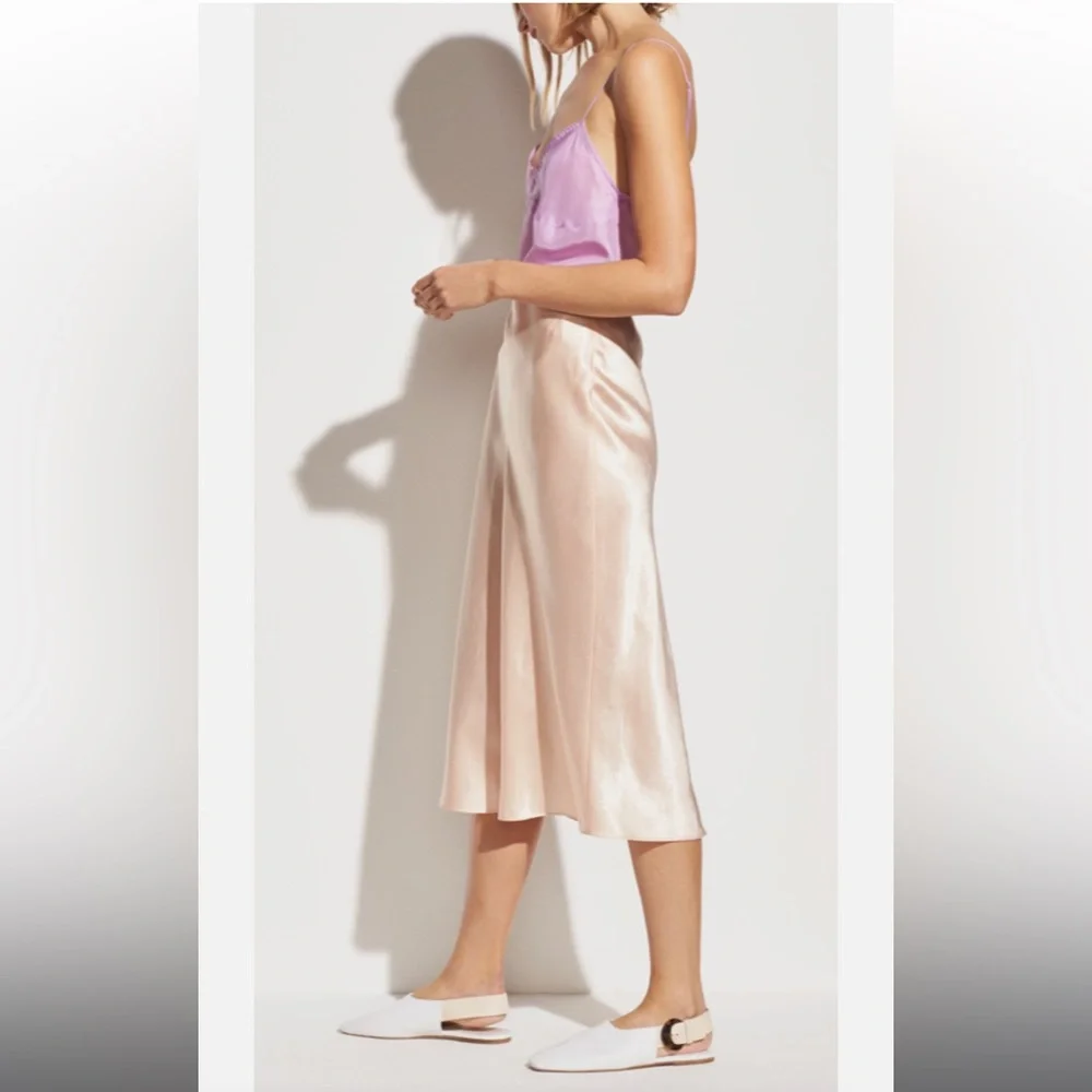 NWT Vince Satin Slip Skirt in Lychee, Midi, Hidden Elastic, XS